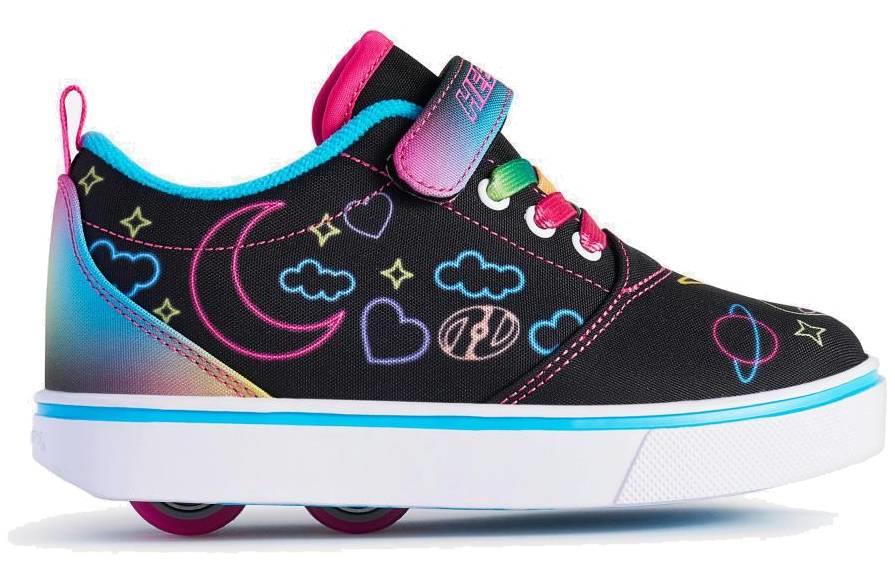 The Heelys Pro 20 Prints X2 Girls Shoes in Black/Hot Pink/Multi feature neon moons, stars, clouds, and hearts, plus pink and rainbow accents, a velcro strap, and two wheels in the white sole—fun style from Heelys!.