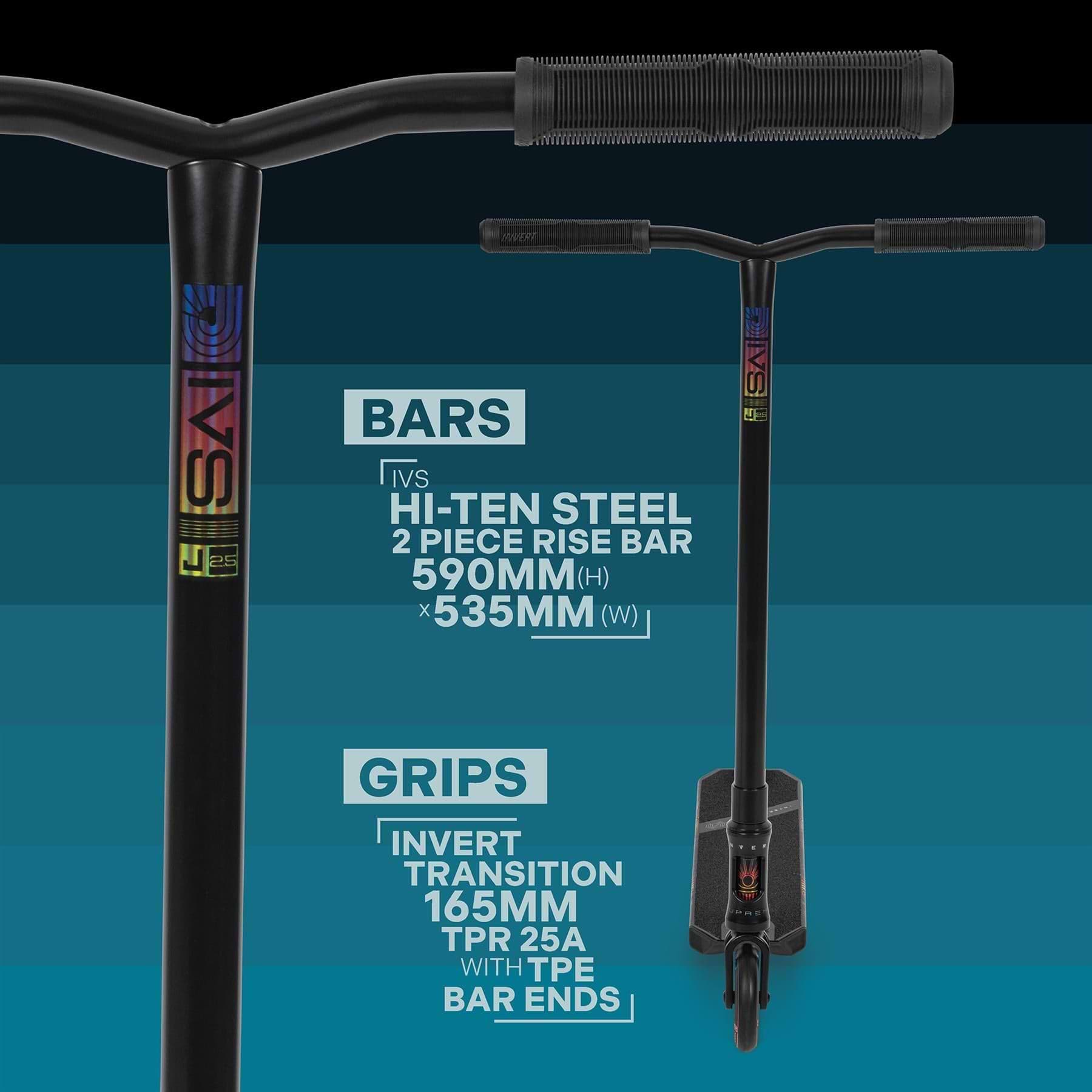 The Invert Supreme Journey 2.5 Jamie Hull Stunt Scooter - Berserk features IVS Hi-Ten steel 2-piece handlebars (590mm x 535mm) and Invert Transition 165mm TPR grips with TPE bar ends—durable for intermediate riders.