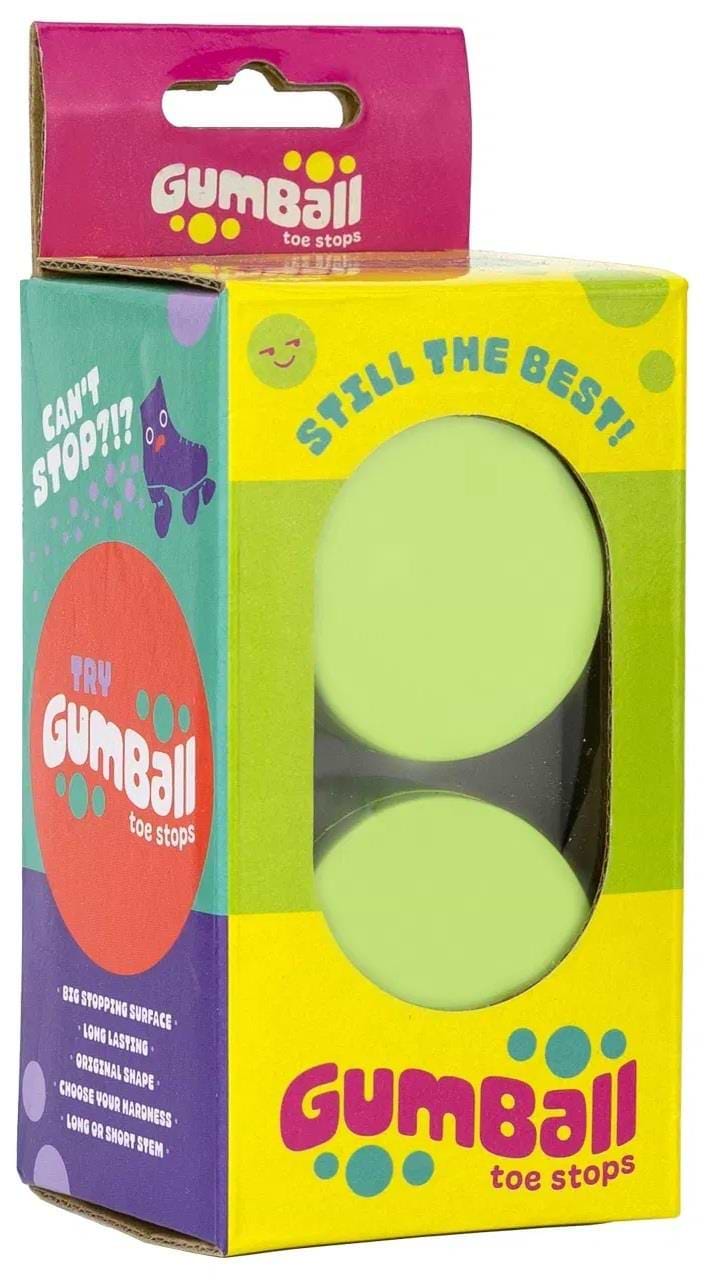 A lively package of Gumball Roller Skate Long 30mm 75A Toe Stops - Lime Green displays two lime green stops and features playful graphics, including "Can't Stop?!", "Try Gumball", and "Ultimate Stopping Power!", making them an ideal option for skaters seeking top-quality performance.