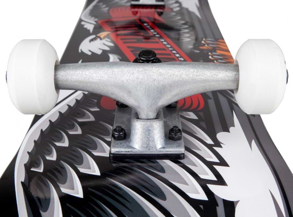 Close-up of the Tony Hawk 180 Series Wingspan Special Complete Skateboard (8" x 31.5") by Tony Hawk, featuring black, white, and red feather and claw graphics on a 7-ply maple deck with trucks and white wheels—perfect for beginners.