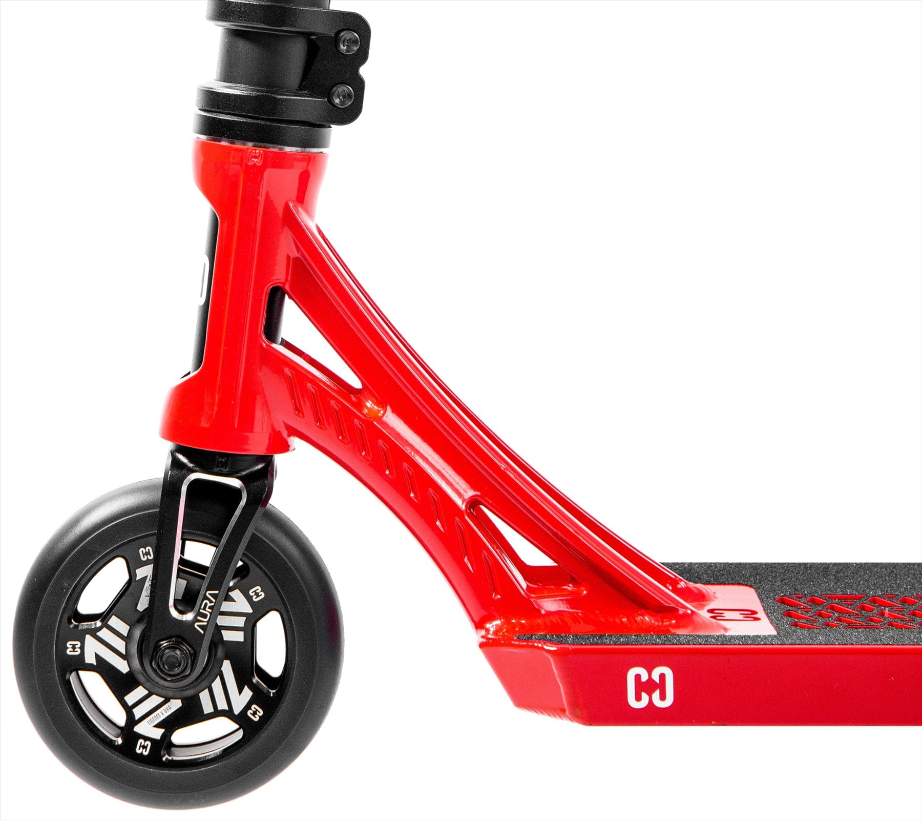 Close-up of the CORE SL3 Complete Stunt Scooter by CORE in red/black, showing the front wheel, fork, and deck with black grip tape and white "CO" lettering. Features a lightweight design with spoke wheels.