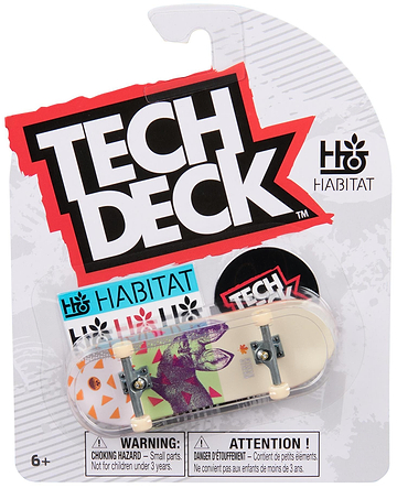 The Tech Deck 96mm M57 Fingerboard - Habitat features a Habitat design, displayed on a blister card with bold Tech Deck and Habitat logos and a small parts warning—perfect for collectible fingerboard fans.