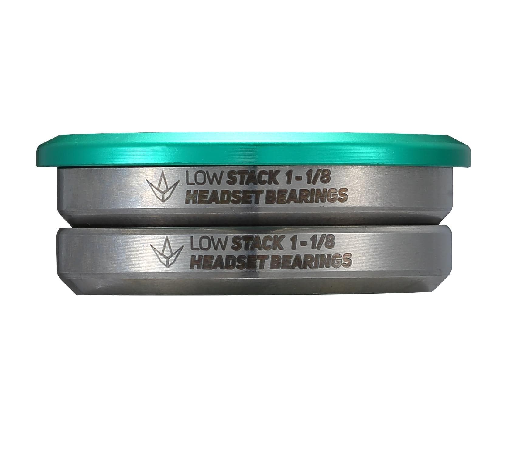 Two Blunt Envy Low Stack IHC integrated headset bearings, ideal for a stunt scooter, are stacked with a teal cap on top. The side is engraved with "LOW STACK 1-1/8 HEADSET BEARINGS," making it perfect for IHC compression systems.