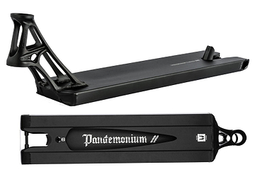 The Ethic DTC Pandemonium V2 Boxed Black Stunt Scooter Deck (5.5" x 19.7") is the lightest deck, featuring an angular open-frame neck and "Pandemonium" in white on the underside, shown side and bottom view against a white background.