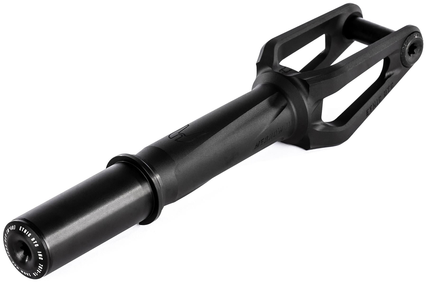 The Ethic DTC Merrow V3 8/12STD IHC Stunt Scooter Fork in black features a durable cylindrical base, angled arms, and precise detailing for secure wheel attachment. Lightweight yet strong, this Ethic fork adds minimal bulk to your stunt scooter.