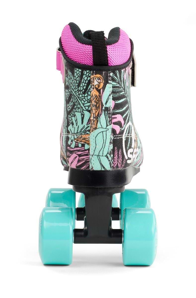 The SFR Vision Canvas Quad Roller Skates - Black / Floral feature a tropical parrot and leaf design, black trim, pink top padding, and durable bright turquoise polyurethane wheels.