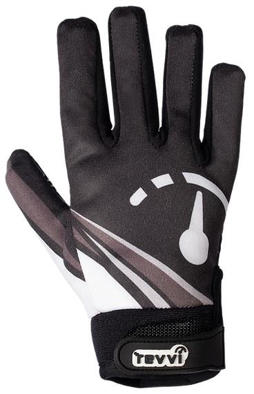 The Revvi Long Finger Tech Kids Bike Protection Gloves - Black feature a speedometer design, padded palms for comfort, and a "tevvi" Velcro strap at the wrist. Brand: Revvi. Shown palm down.
