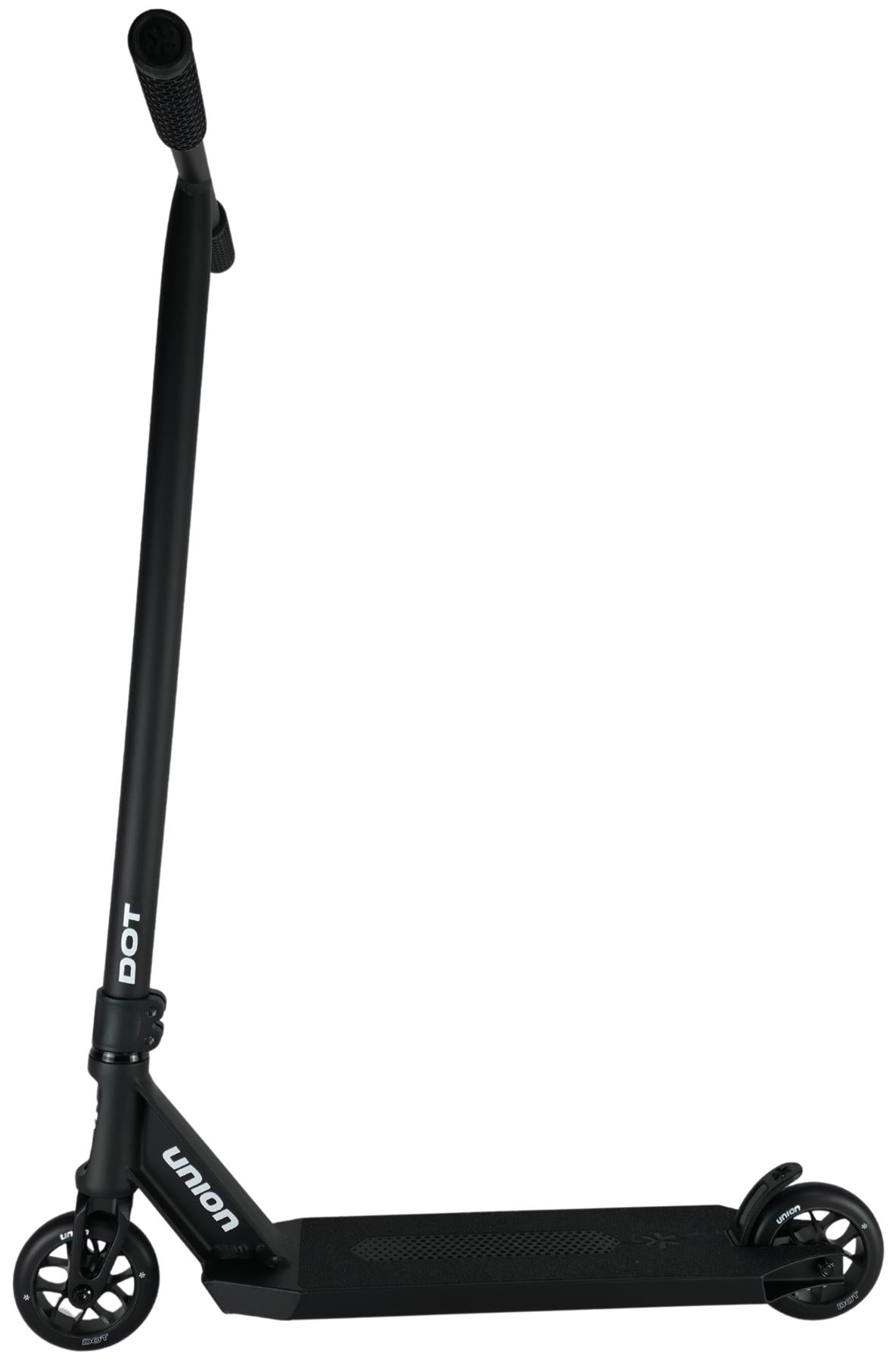 The Union Dot Complete Stunt Scooter - Black by Union features a tall handlebar, two small front wheels, and one rear wheel. Its lightweight deck is branded "Union," with "DOT" displayed vertically by the handlebar base.