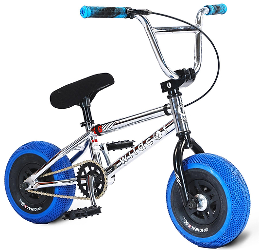 The Wildcat OG 3A Mini BMX Bike - Galaxy Blue features thick blue PRO Street 65PSI tyres, chrome frame with "WILD G," chromoly handlebars, black pedals, blue grips, and training wheels for stability.