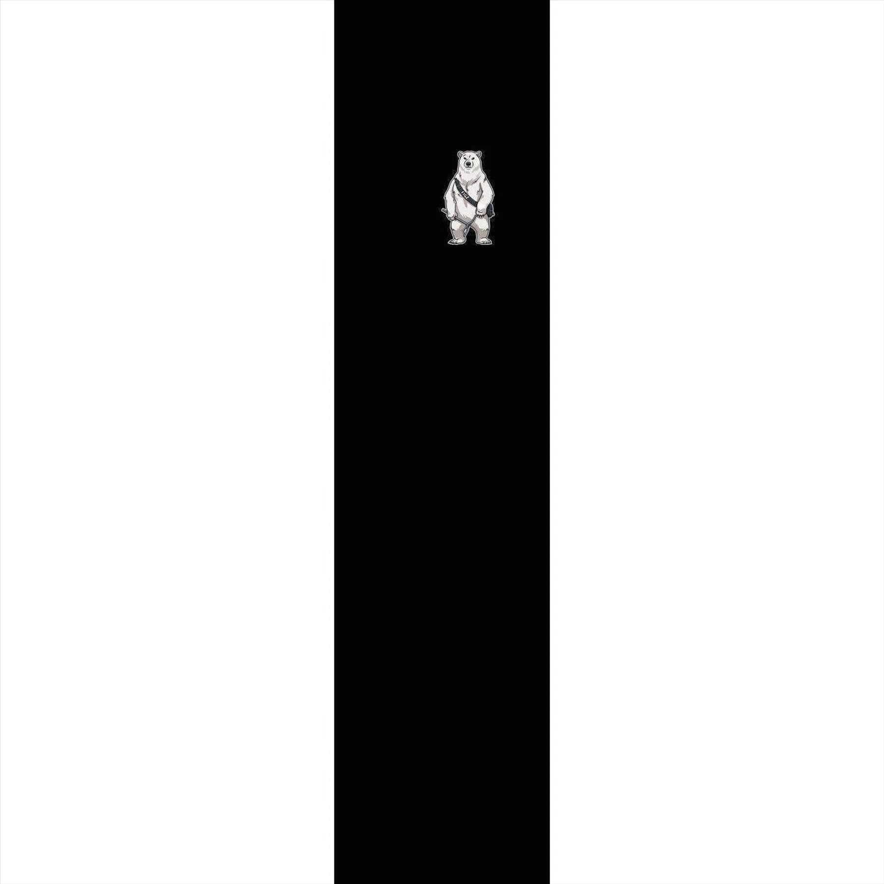 A small white bear in a suit stands centered on a tall, narrow black strip, resembling the Figz Collection XL Pro Stunt Scooter Griptape - Polar Bear by Figz; the surrounding area is plain white.