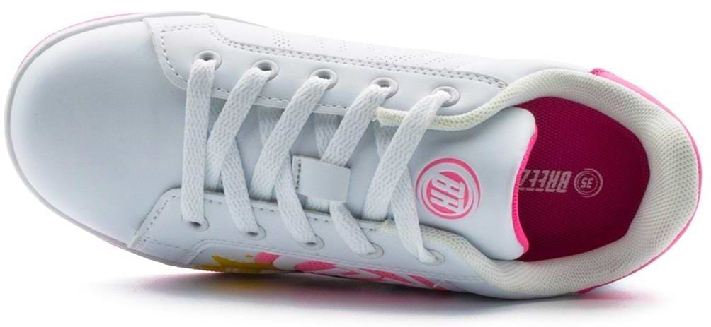 A top view of Breezy Rollers Splash Shoes - White / Pink shows white laces, a pink interior, an insole logo, and the heel with pink accents and Breezy Rollers’ patented wheel system.