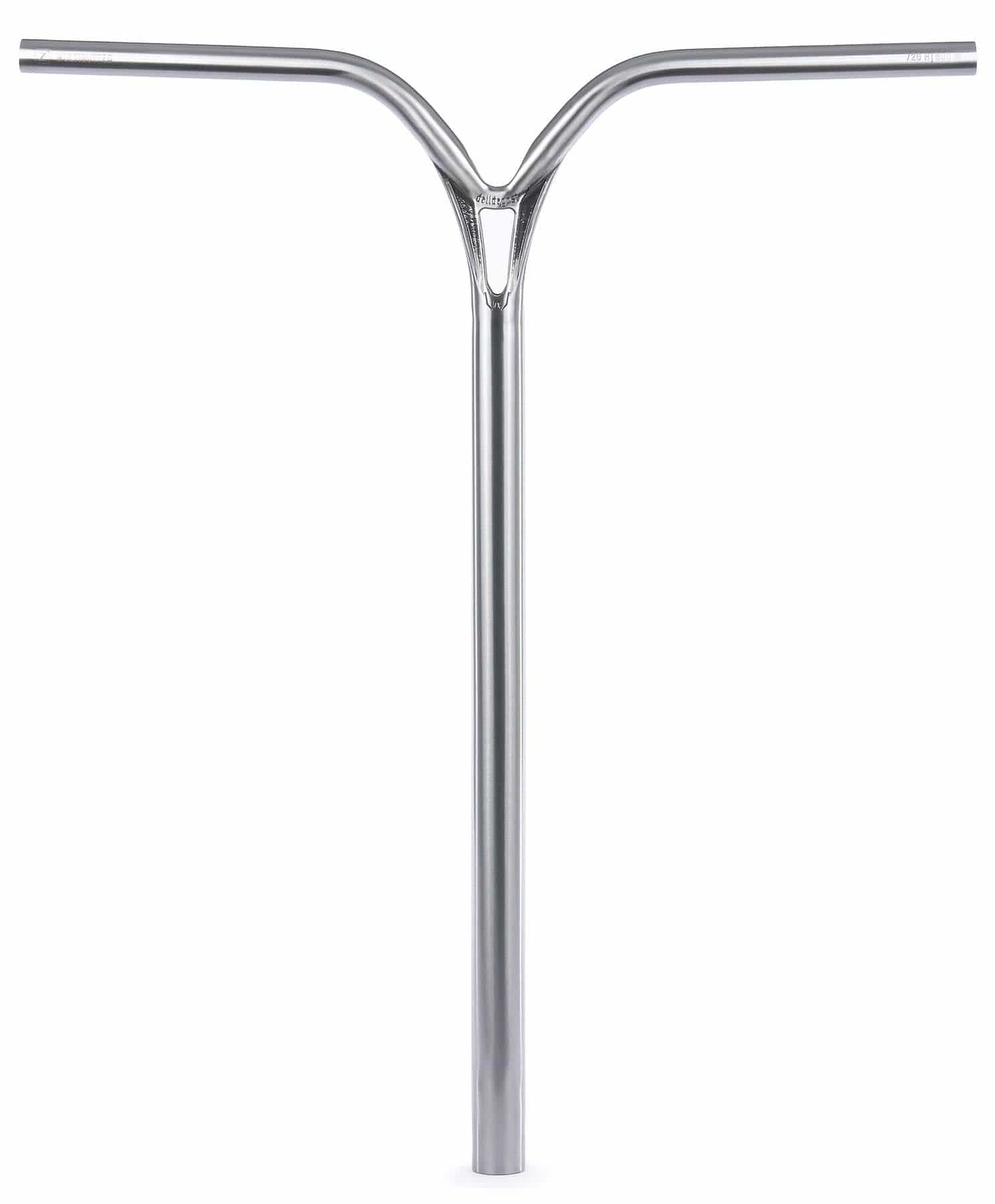 Ethic DTC Deildegast V2 Steel Oversized HIC Stunt Scooter Bars in Raw Silver (670mm x 600mm) by Ethic, featuring a Y-shaped design with a central stem and triangular cutout, shown against a white background.
