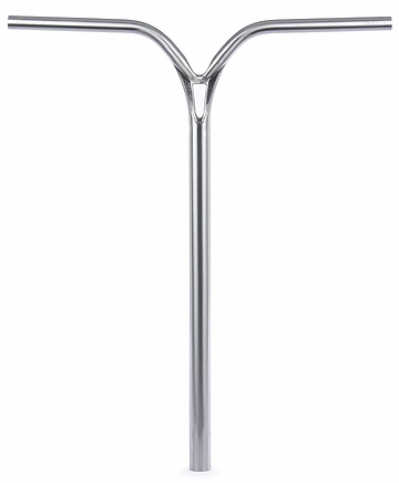 Ethic DTC Deildegast V2 Steel Oversized HIC Stunt Scooter Bars in Raw Silver (670mm x 600mm) by Ethic, featuring a Y-shaped design with a central stem and triangular cutout, shown against a white background.