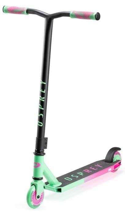 The Osprey Bomb Complete Stunt Scooter in pink and green features a black handlebar and deck, bold OSPREY branding, and bright accents—ideal for beginners seeking an entry-level scooter with standout style.
