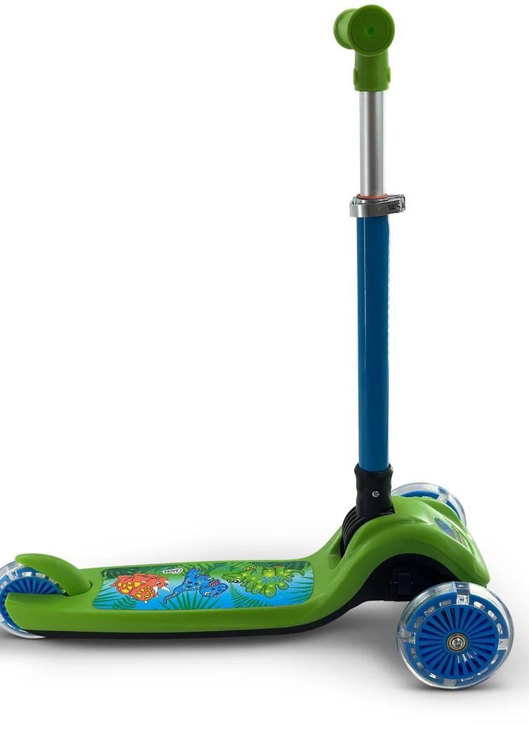The Ozbozz Dinosaur Trail Twist LED Kids Tri Scooter by Ozbozz, in blue and green, features a tilt-to-steer mechanism, transparent LED wheels, and a colorful dinosaur-themed deck design, shown on a white background.