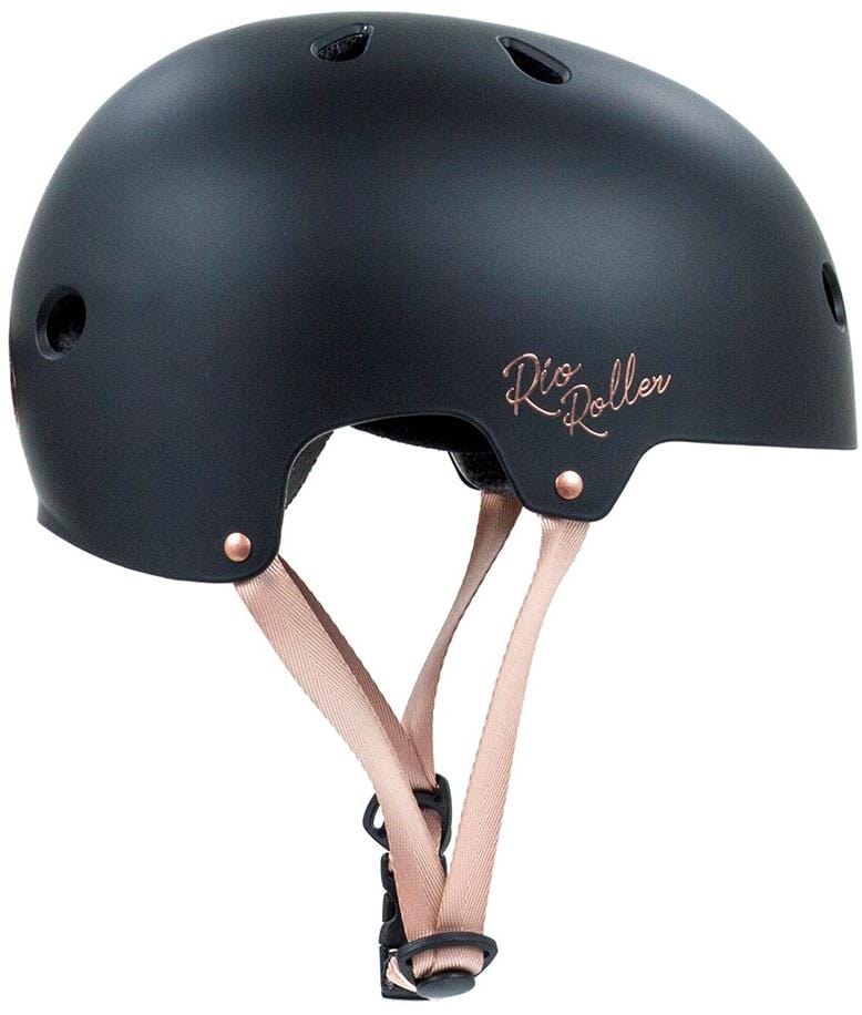 The Rio Roller Rose Skate/Scooter Helmet in black features "Rio Roller" in elegant light cursive on its side, complemented by beige adjustable straps and top ventilation holes, enhancing its sleek design.