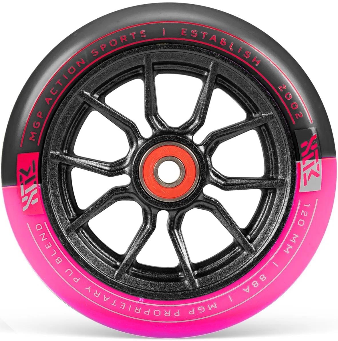 A close-up of the Madd Gear MFX Syndicate AR120 Dual Urethane stunt scooter wheel in black and pink shows the "MGP Action Sports | Est. 2002 | 120mm | 88A | MGP Proprietary PU Blend" text and an ABEC 11 bearing at the center.