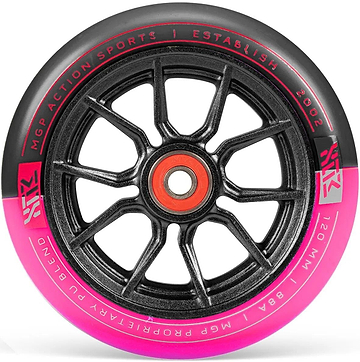 A close-up of the Madd Gear MFX Syndicate AR120 Dual Urethane stunt scooter wheel in black and pink shows the "MGP Action Sports | Est. 2002 | 120mm | 88A | MGP Proprietary PU Blend" text and an ABEC 11 bearing at the center.