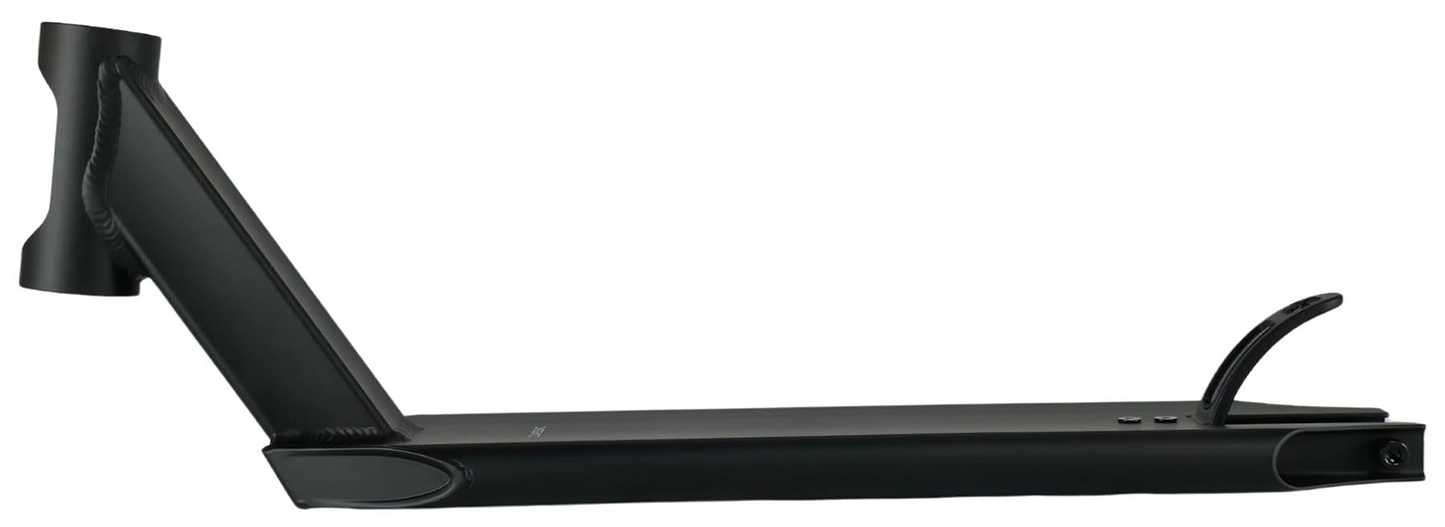 The Union Classic Pro Black Stunt Scooter Deck (4.75") by Union is shown in a side view against a white background, highlighting its angled headtube, flat foot platform, and curved rear brake.