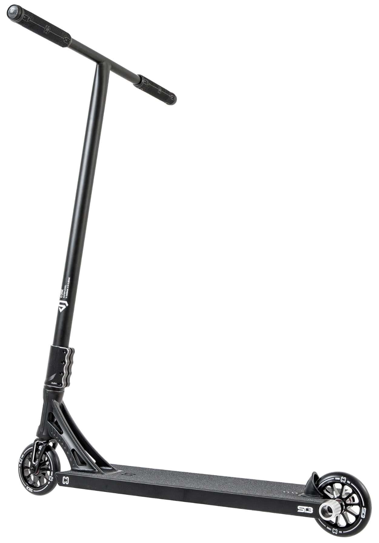 The CORE ST3 Complete Stunt Scooter by CORE in black features a straight handlebar, small front and rear wheels, pro-grade parts, and a textured foot deck, displayed on a white background.