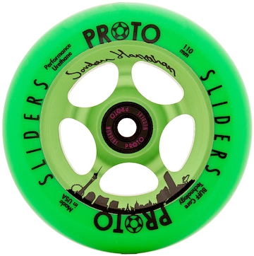 The Proto Slider Jordan Hanrahan Signature 110mm Stunt Scooter Wheel - Sin City features BUFF Core Tech, a city skyline, black "Jordan Hanrahan Signature" text, and a five-spoke core with the Proto logo—ideal for stunt scooters.