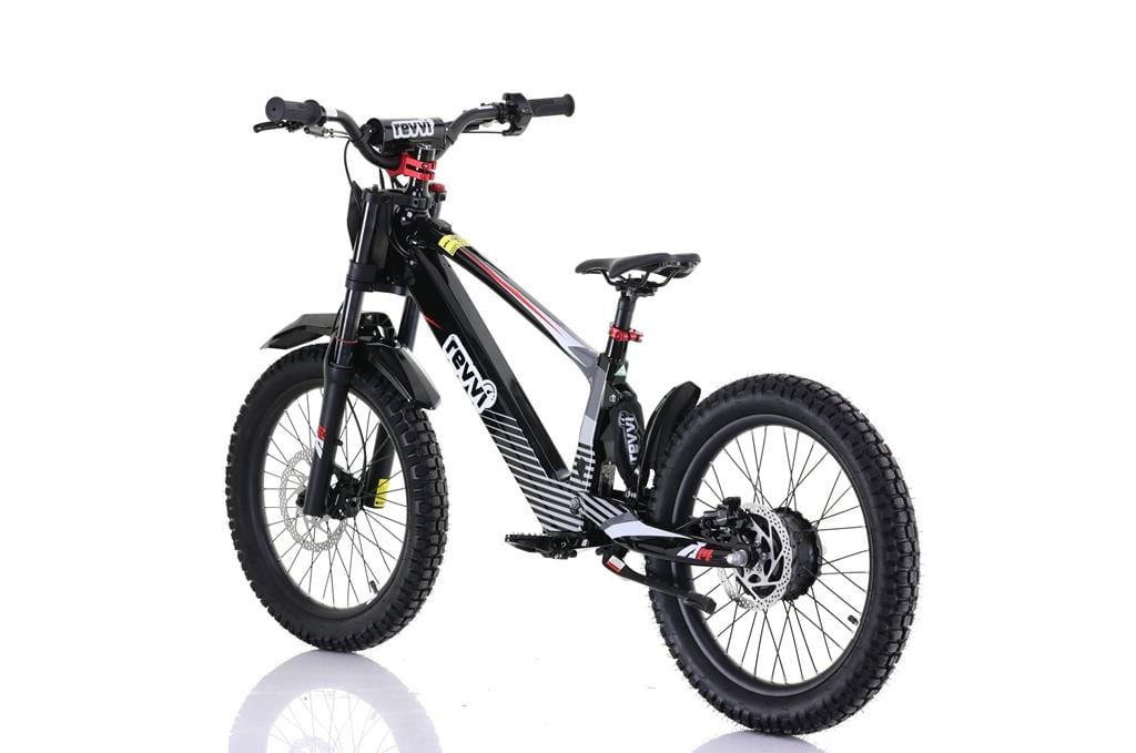 The Revvi 20" Kids Electric Balance Bike - Black, by Revvi, features a black and red design with thick off-road rubber air-filled tires, front and rear disc brakes, a front suspension fork, a large battery on the frame for thrilling adventures, and is shown against a white background.