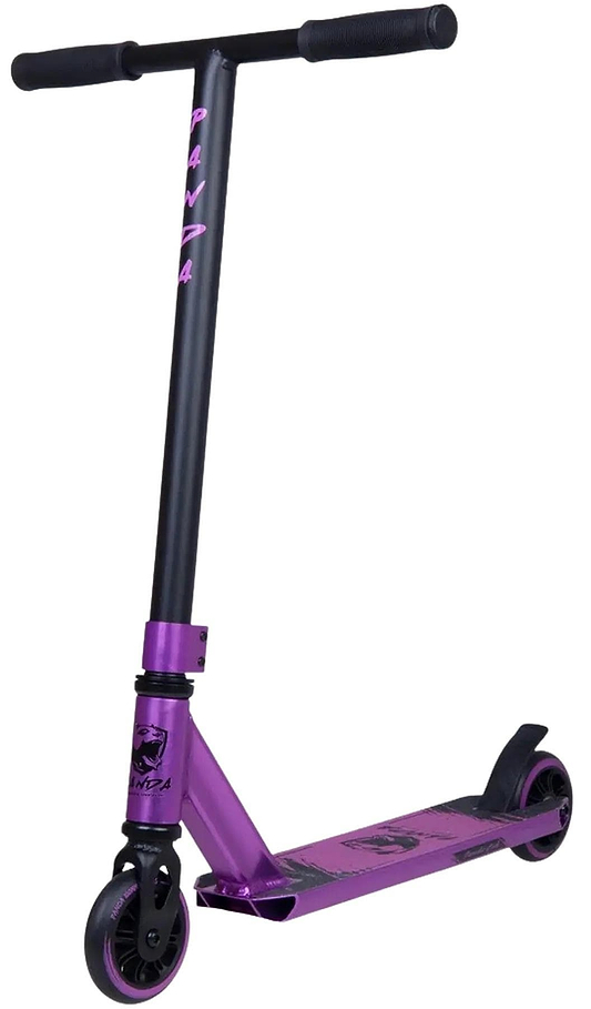 The Panda Cub Complete Stunt Scooter - Purple by Panda features a black handlebar, two small wheels, "PANDA" vertically on the front stem, a panda logo on the deck, and a built-in rear fender brake—designed for young riders.