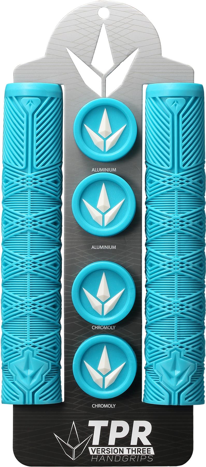 Blunt Envy V3 Teal Stunt Scooter Grips (160mm) are shown vertically on a black and silver card labeled "TPR Version Three Handgrips," featuring aluminum and chromoly end caps—ideal stunt scooter accessories.