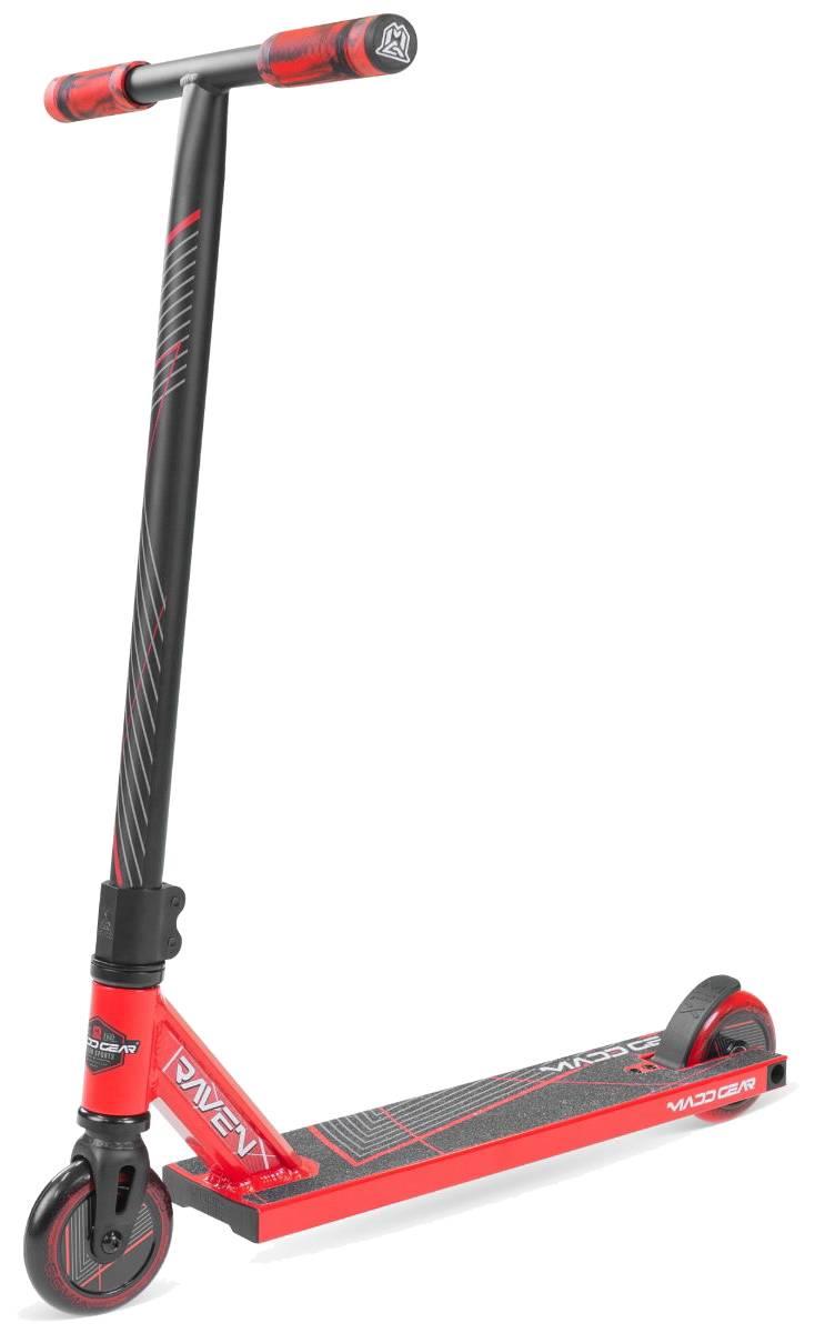 The Madd Gear MG 1 Raven Complete Stunt Scooter in red and black features a textured deck, straight handlebars with red grips, small wheels, diagonal stripes, and logo details—an ideal entry-level pro scooter from Madd Gear (MGP).