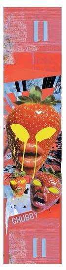 The Chubby Stunt Scooter Griptape - Strawberry Farm features a surreal collage of a large strawberry with yellow liquid on a red, abstract background—ideal for riders seeking unique griptape from the Chubby brand.