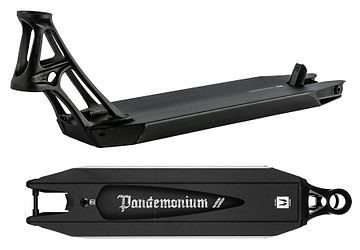 A detailed look at the Ethic DTC Pandemonium V2 Black Stunt Scooter Deck - 5.1" x 21.3" reveals a black deck featuring a unique geometric design on the neck, with "Pandemonium" branded boldly underneath. The top angle showcases its sleek, angular form with a refined matte finish, emphasizing its ultra-lightweight construction.