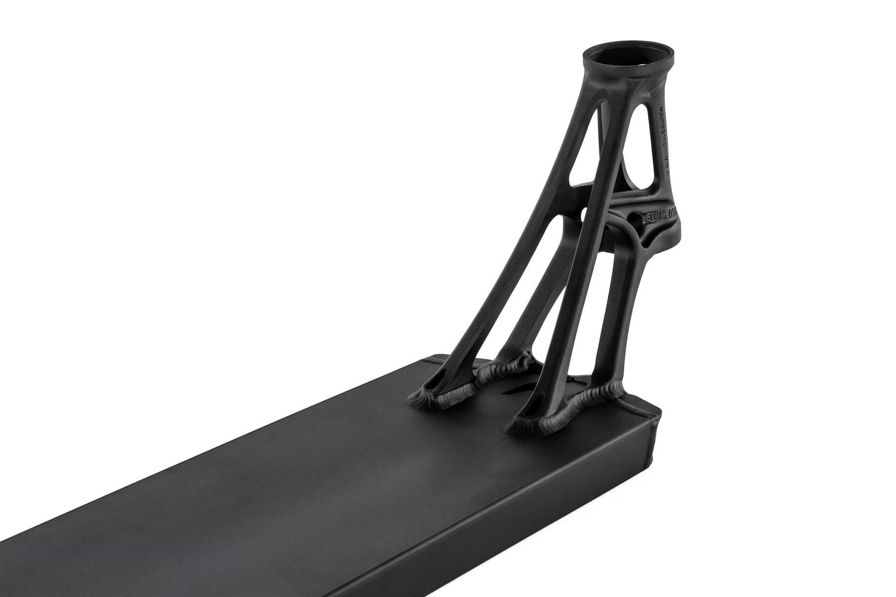 A close-up of the Ethic DTC Pandemonium V2 Boxed Black Stunt Scooter Deck (5.5" x 19.7") shows its street-ready, lightweight headtube with open, geometric frame details from Ethic.