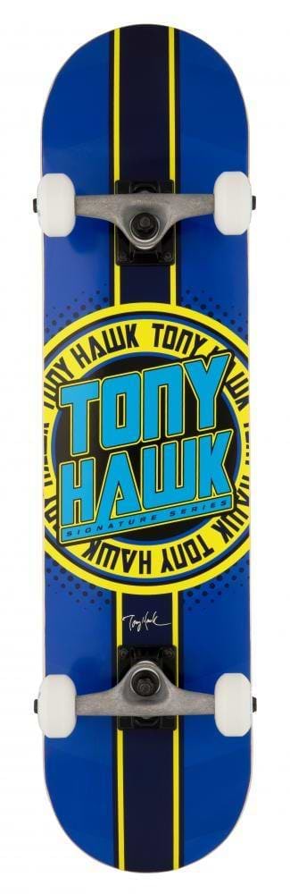 The Tony Hawk SS 180+ Badge Logo Blue/Yellow Complete Skateboard (7.5" x 31") features a bold central logo, striking blue and yellow design, and white wheels—an ideal complete skateboard for beginners from Tony Hawk.