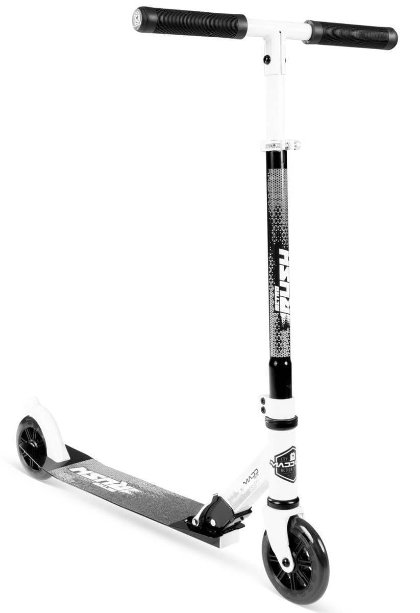 The Madd Gear Metro Rush 125 Kids Foldable Scooter in White/Black features 125mm LED wheels, a flat deck, adjustable upright handlebars, and a rear fender brake. Shown standing upright on a white background.