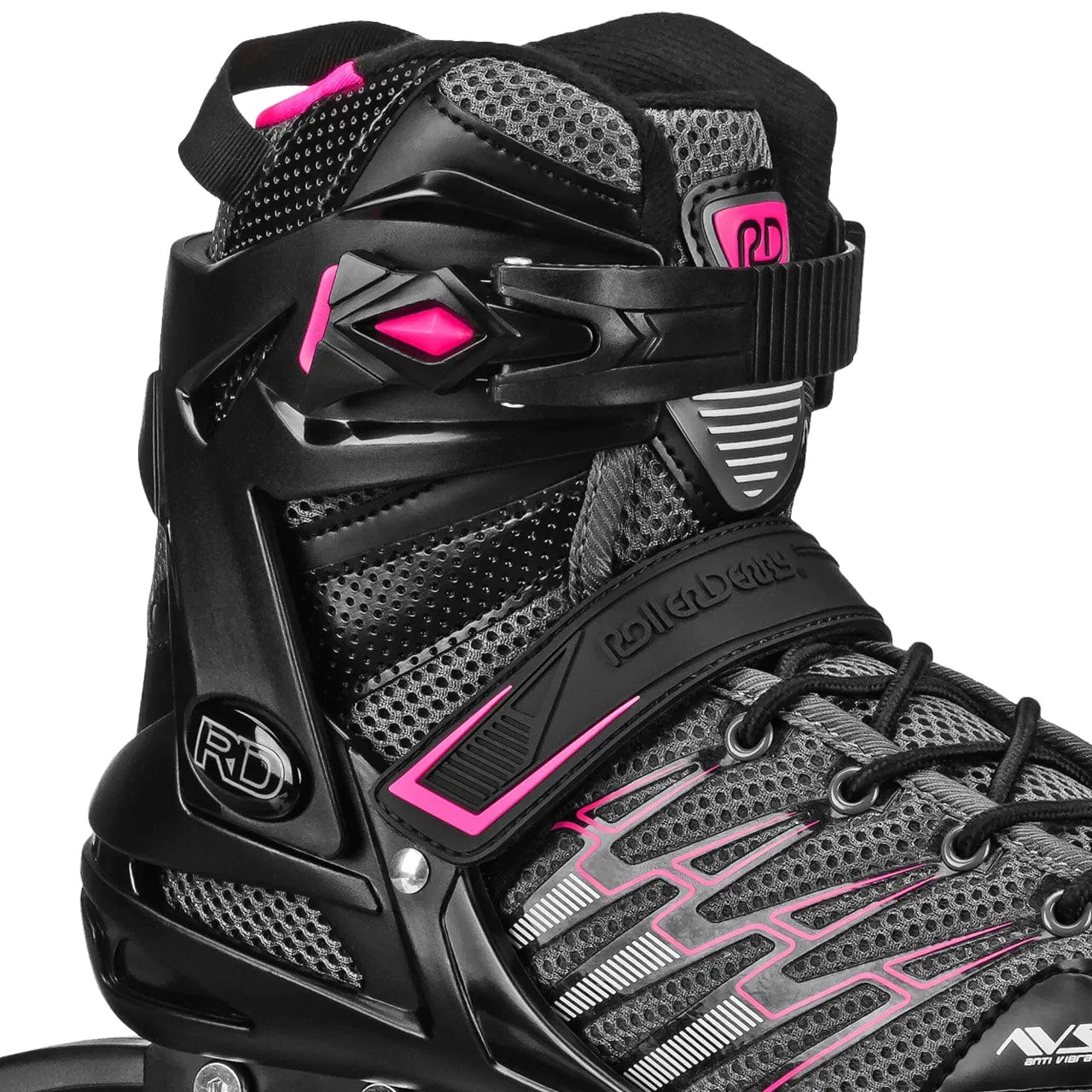 Close-up of the Roller Derby Aerio V2 Q-60 Womens Inline Skates in black and pink, featuring mesh fabric, secure laces, adjustable straps, and elite speed wheels that showcase its detailed textures and sporty design by Roller Derby.