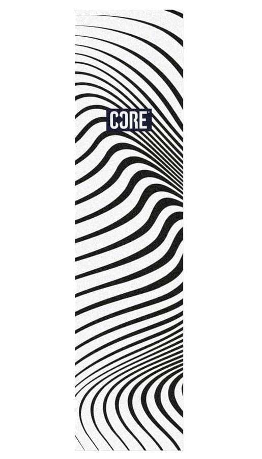 The CORE Stunt Scooter Griptape - Vibe White features black wavy optical illusion lines and a dark blue CORE logo at the top center, delivering a striking design and true grippy vibe.