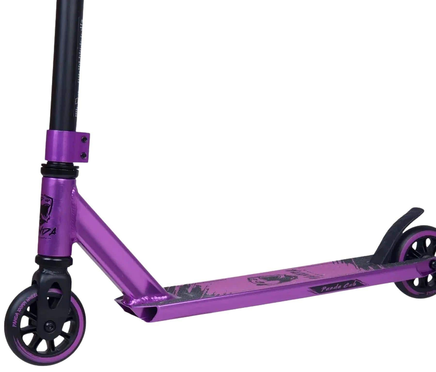 A close-up of the Panda Cub Complete Stunt Scooter - Purple by Panda highlights its base, front and rear wheels, handlebar stem, black grip tape on the deck, and rear fender brake—ideal for junior riders.