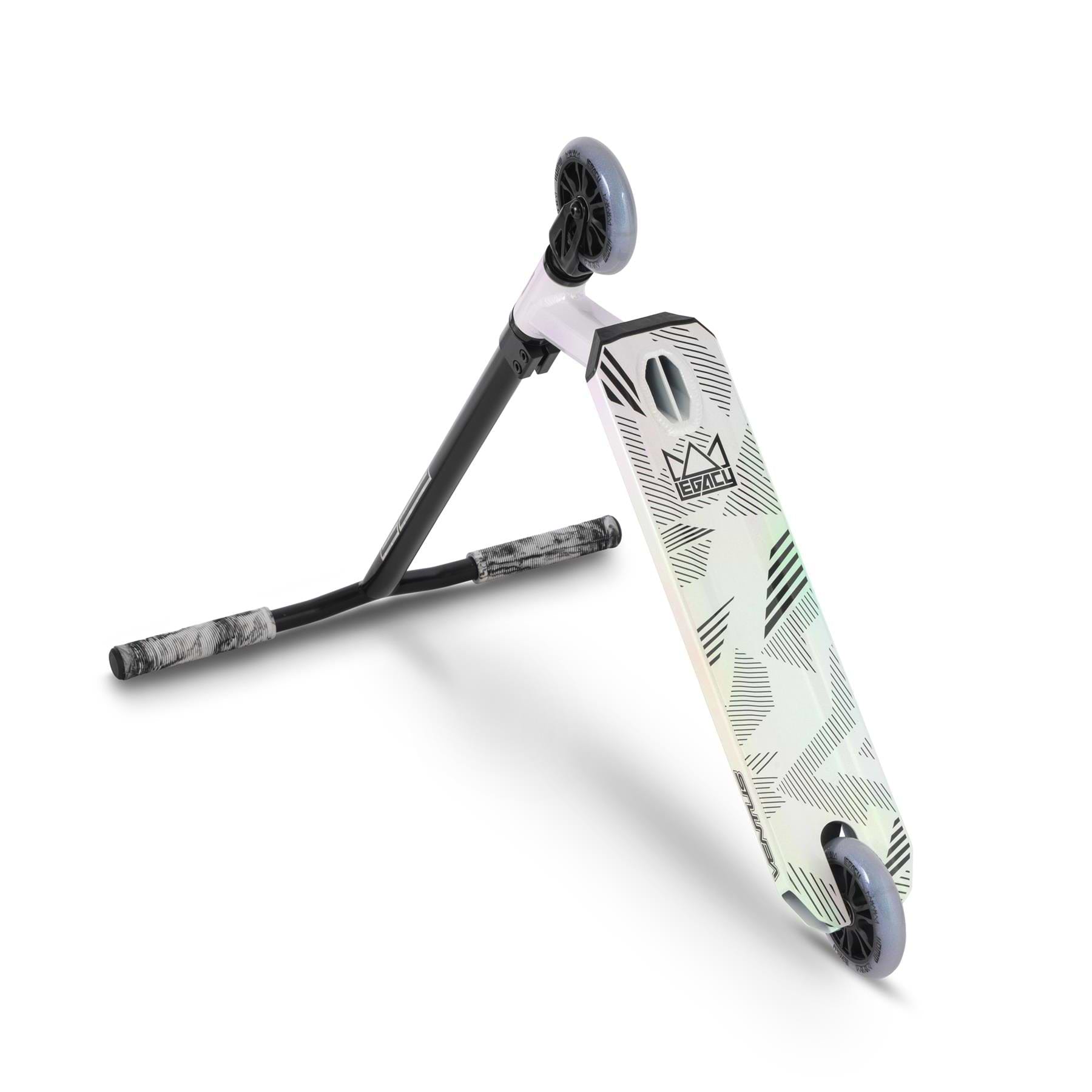 The Legacy Ventus Complete Stunt Scooter by Legacy features a white glitter geometric-patterned deck, black handlebars, and two grey wheels, displayed from a low angle on a white background.