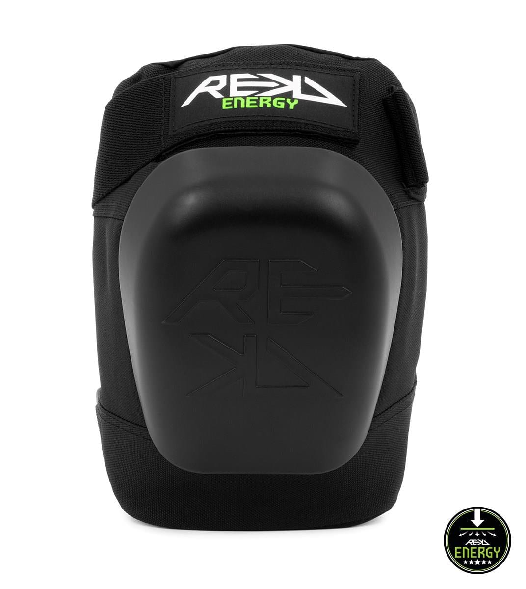A black knee pad with a hard protective shell designed for extreme sports, featuring the logo "REKD Energy Patrol" on the top strap. The REKD emblem is prominently displayed in the bottom right corner of the image, ensuring both style and premium protection.