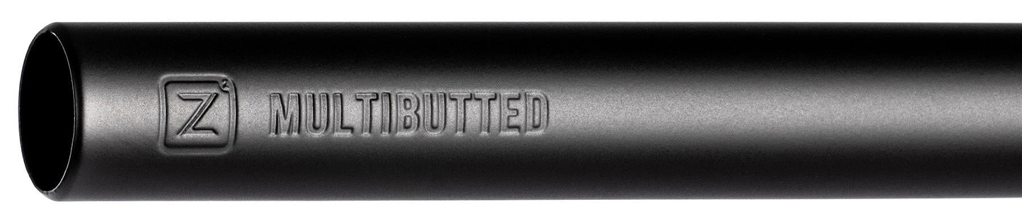 Close-up of a black Ethic DTC Wolpertinger Aluminium IHC Stunt Scooter Bar (720mm x 580mm) with "MULTIBUTTED" and "Z" logo embossed—Ethic’s lightest and strongest aluminium handlebar designed for advanced stunts.