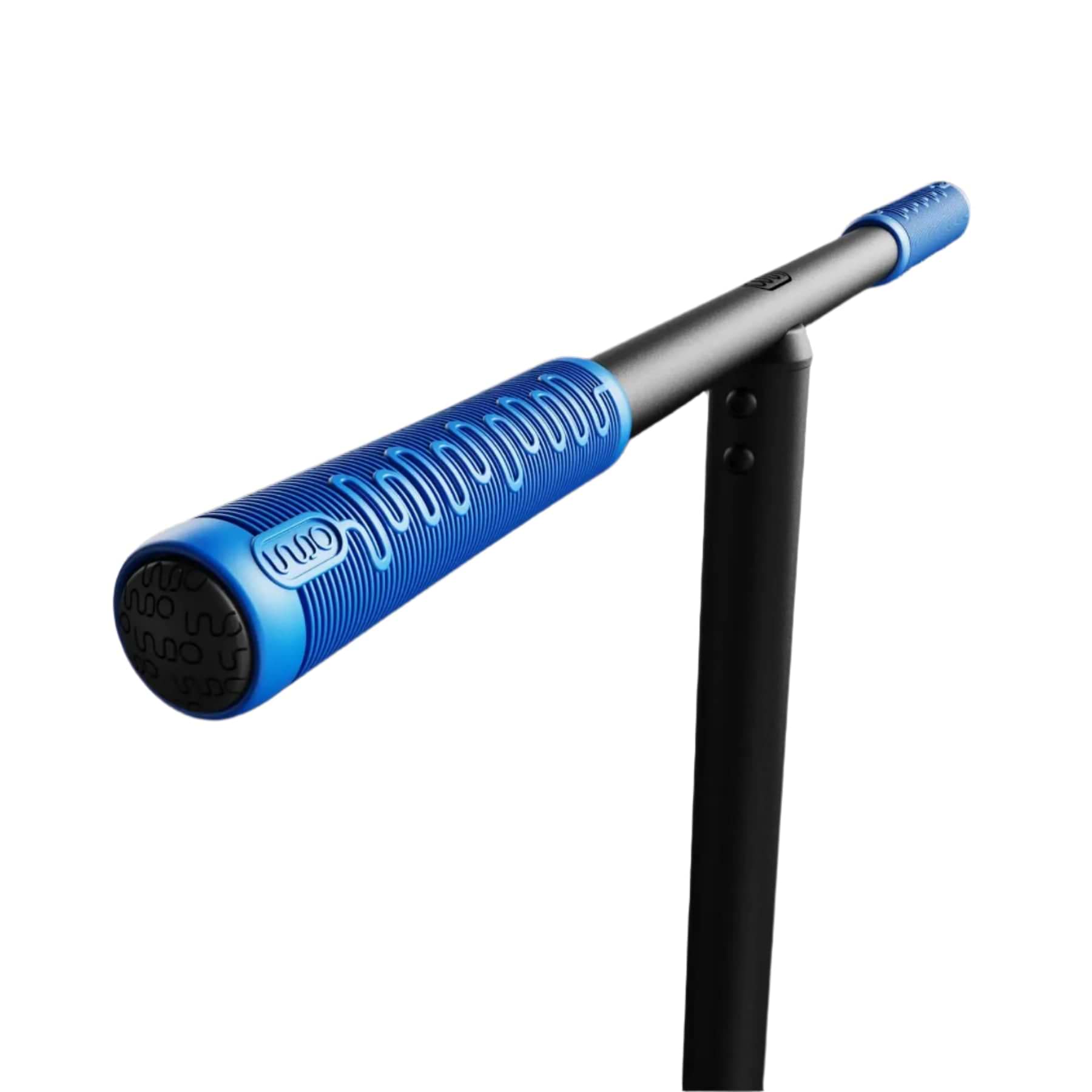 A sleek blue and black baseball bat is shown horizontally on a black background, featuring textured grip details reminiscent of the INDO Pro V2 Indoor Trampoline Stunt Scooter - Black/Blue, with a black stand for support.