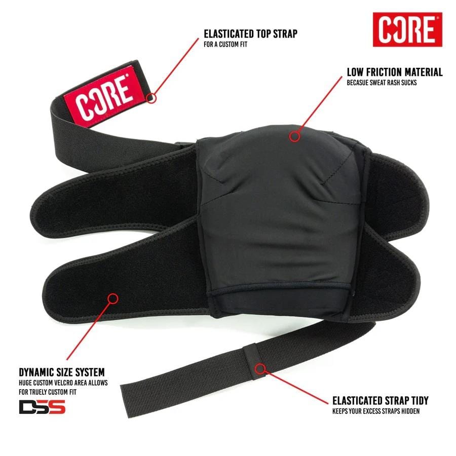 Image of CORE Pro Park Knee V2 Skate Protection Pads in Black/Red showcasing an elasticated top strap, low-friction material, and dynamic sizing for optimal skatepark protection. The elasticated strap tidy guarantees a comfortable custom fit. The strap is adorned with the CORE logo, and red arrows highlight the key features.