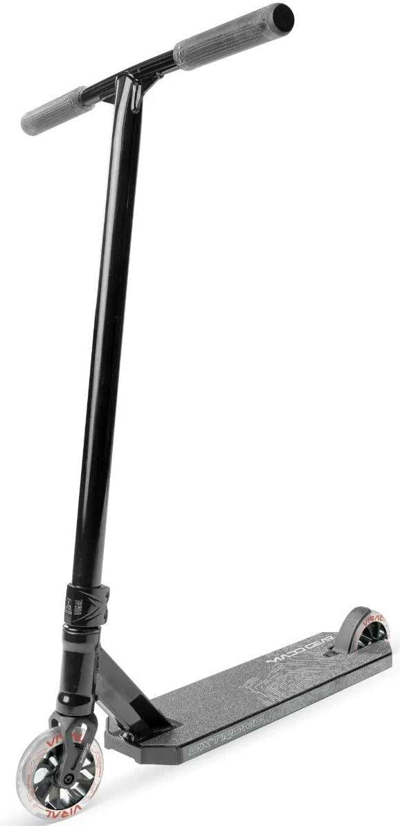The Madd Gear Viral Extreme Complete Stunt Scooter in Black Shadow by MGP features a straight handlebar, two small wheels, and a textured foot deck, shown against a white background.