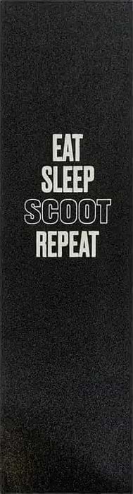 The Union Stunt Scooter Griptape - Eat & Sleep & Scoot features a black rectangular design with bold white text and an outlined "SCOOT"—ideal for your stunt scooter. From Union.