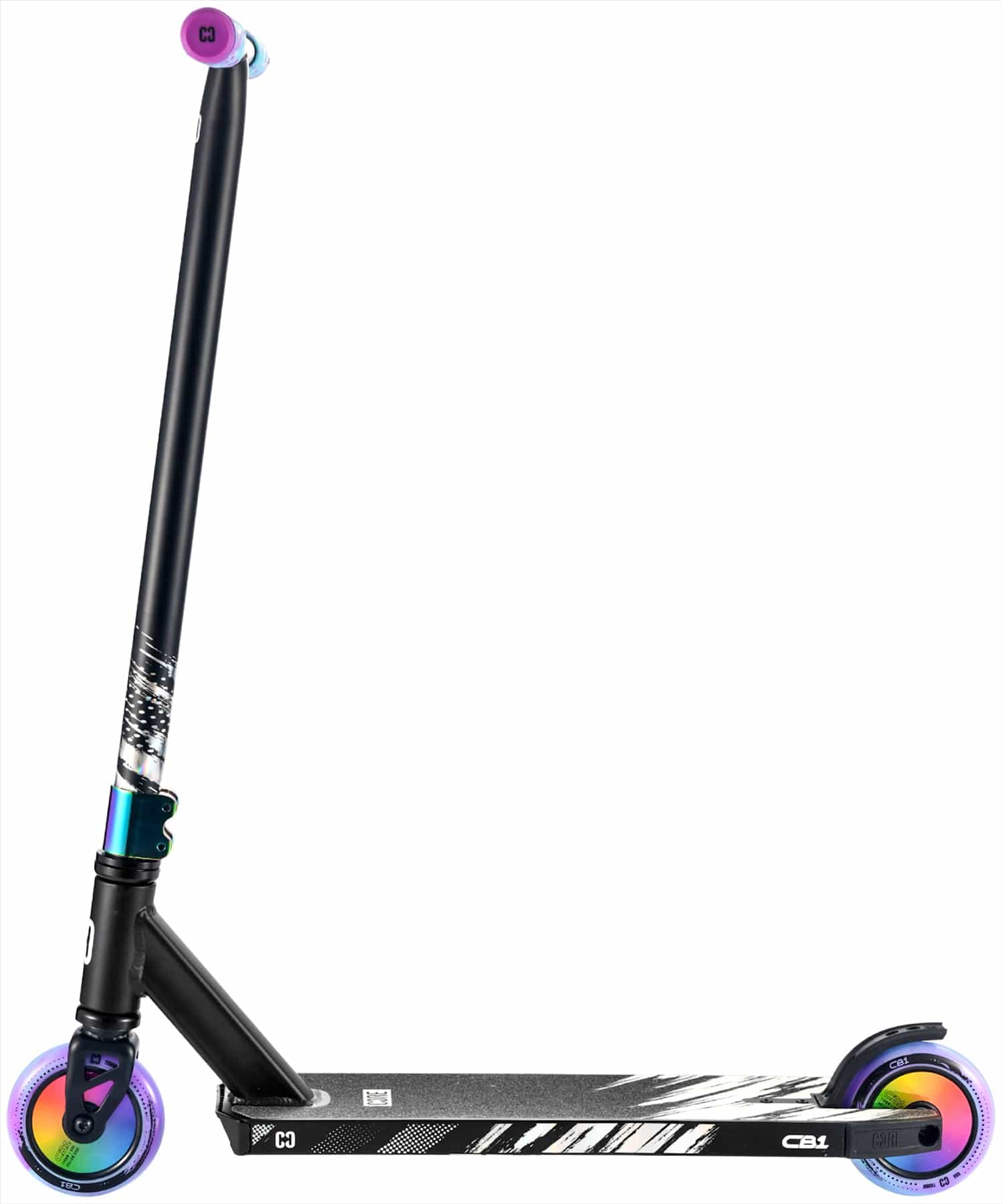 The CORE CB1 Beginner Complete Stunt Scooter by CORE features a black frame, neochrome wheels, purple handlebar grips, and a white geometric deck pattern, all displayed against a plain white background.