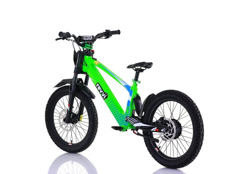 The Revvi 20" Kids Electric Balance Bike in lime green, featuring thick black off-road tires, stands on a white background. It boasts a prominent Revvi frame, front suspension fork, dual disc brakes, and adjustable speed settings for safety.