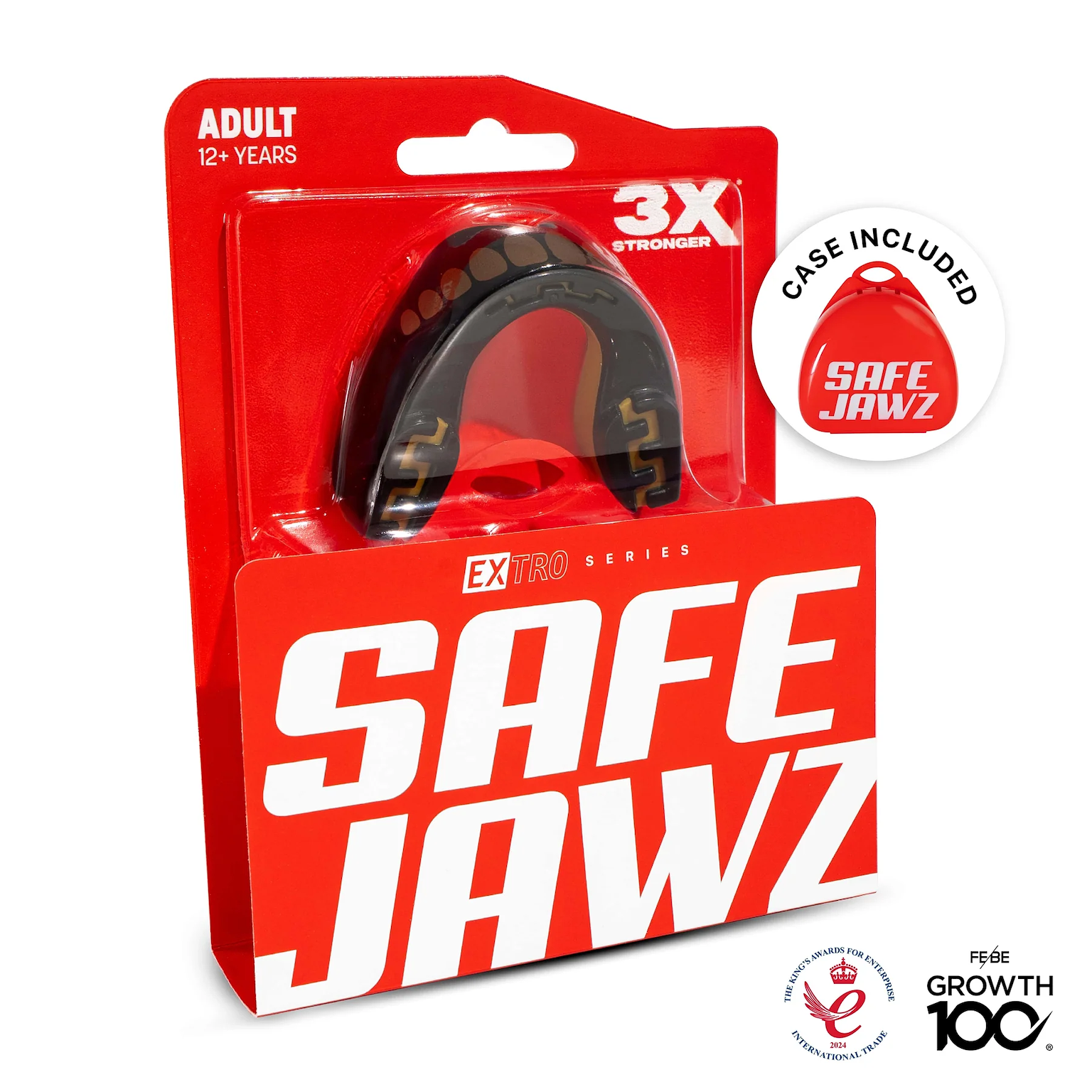 A Safejawz Extro Series Protection Mouthguard - Goldie for adults (12+) in packaging, with "3X Stronger," "Case Included," and “Free Growth 100” labels. Offers hi-impact protection and features bold white branding on the box.