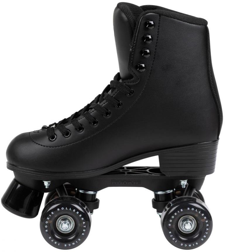 The Rookie Classic 78 Quad Roller Skates - Black by Rookie feature a high boot design, black laces, and black wheels—ideal for classic skate enthusiasts. Shown side view on a white background.