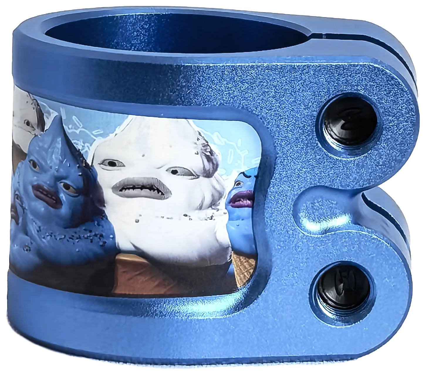 The Chubby Gnasher 2 Bolt Oversized Scooter Clamp - Ice Cream by Chubby is a blue 7075-T6 aluminium clamp with two bolts, decorated with four cartoonish blue and white blob creatures sporting exaggerated facial expressions.