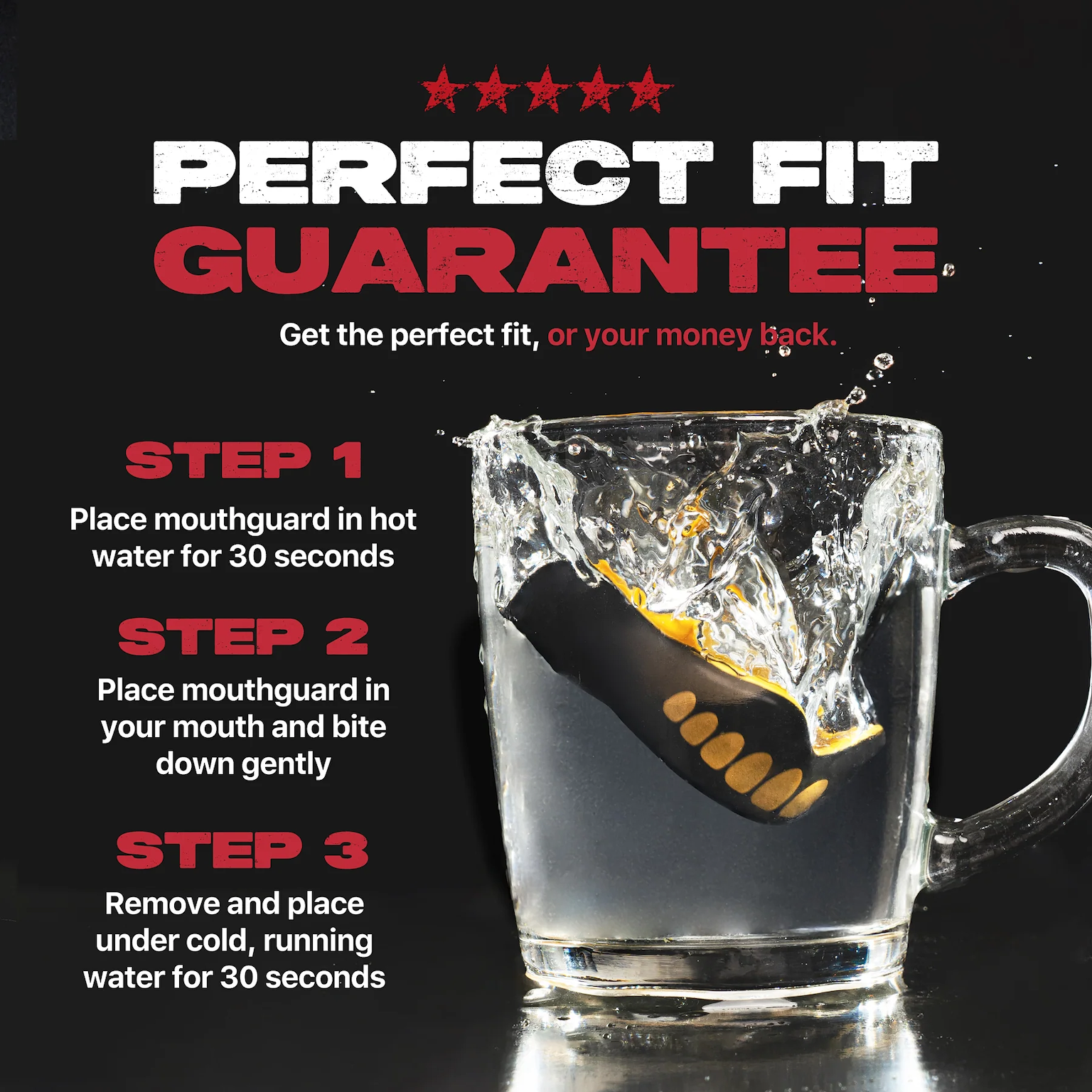 A Safejawz Extro Series Protection Mouthguard - Goldie splashes into water. Text reads: "Perfect Fit Guarantee." Steps below: heat the mouthguard, bite to mold, then cool under running water for hi-impact protection.